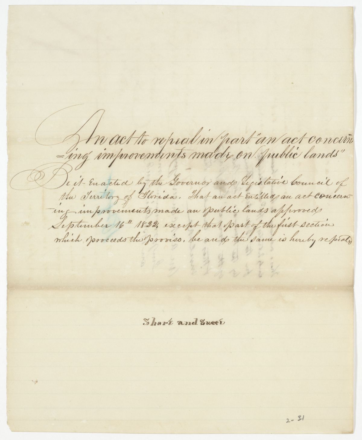 Draft of an Act to Repeal Part of an Act Concerning Improvements Made on Public Lands, 1842