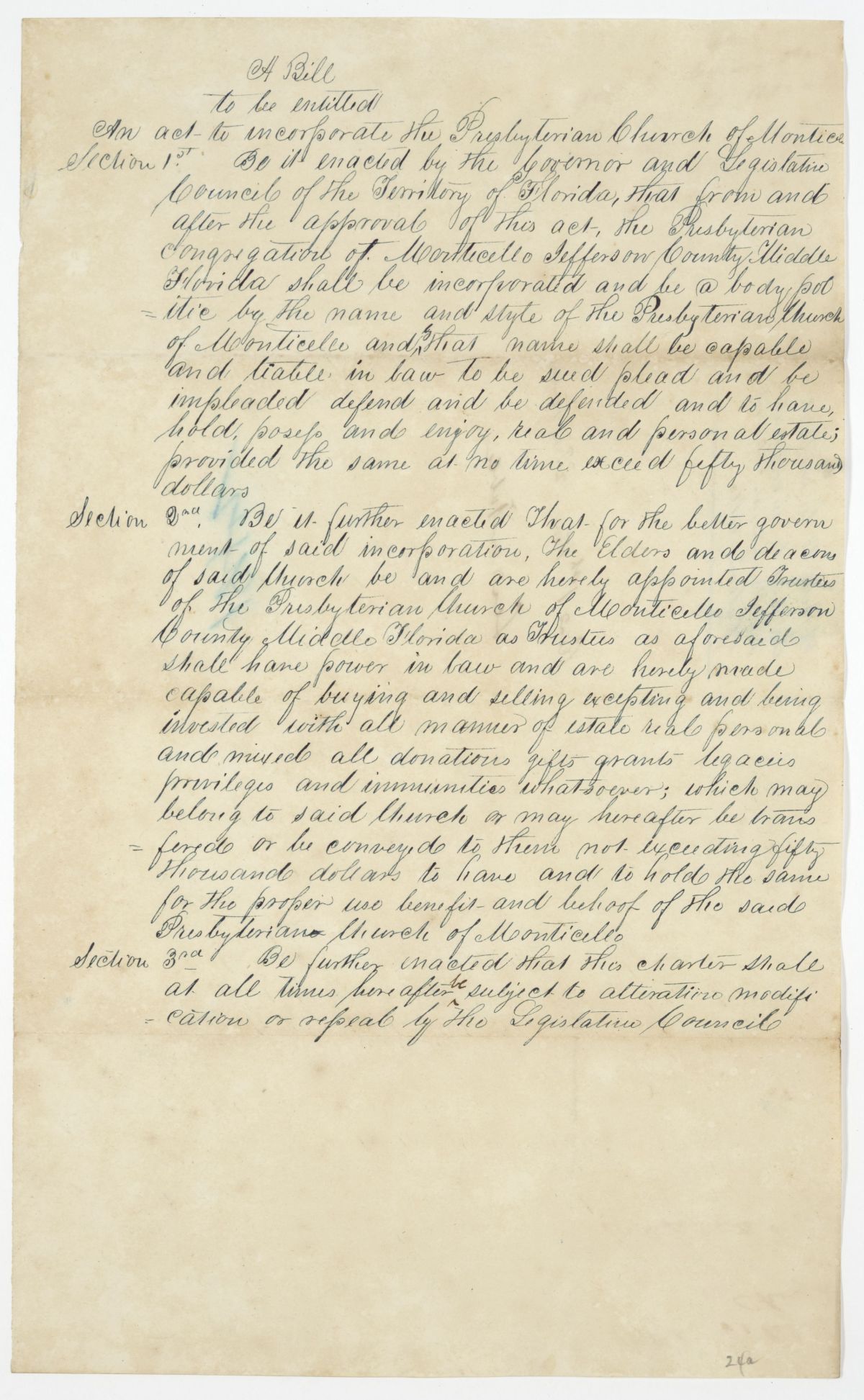 Draft of an Act to Incorporate the Presbyterian Church of Monticello, circa 1842