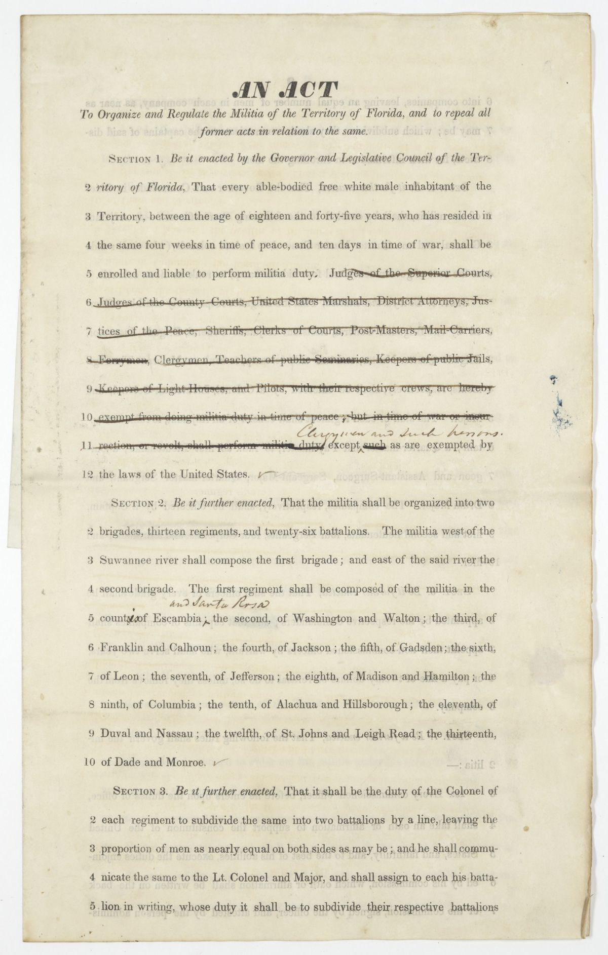 Draft of an Act to Organize the Militia of the Territory of Florida and to Repeal All Former Acts in Relation to the Same, 1842