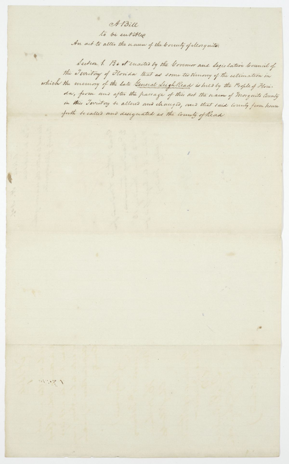 Two Drafts of an Act to Change the Name of the County of Mosquito, circa 1842