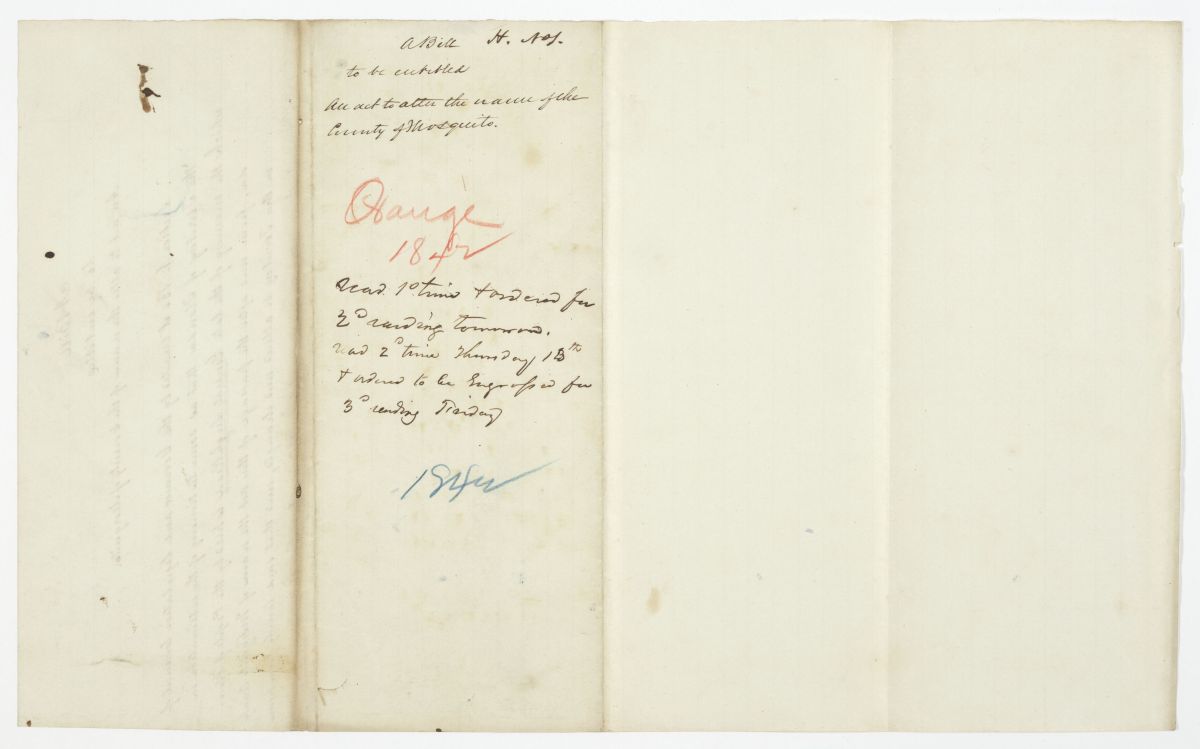 Two Drafts of an Act to Change the Name of the County of Mosquito, circa 1842