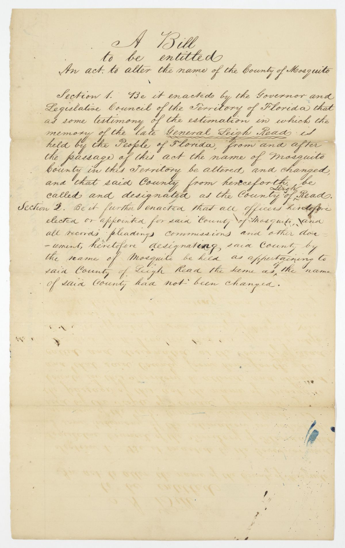 Two Drafts of an Act to Change the Name of the County of Mosquito, circa 1842