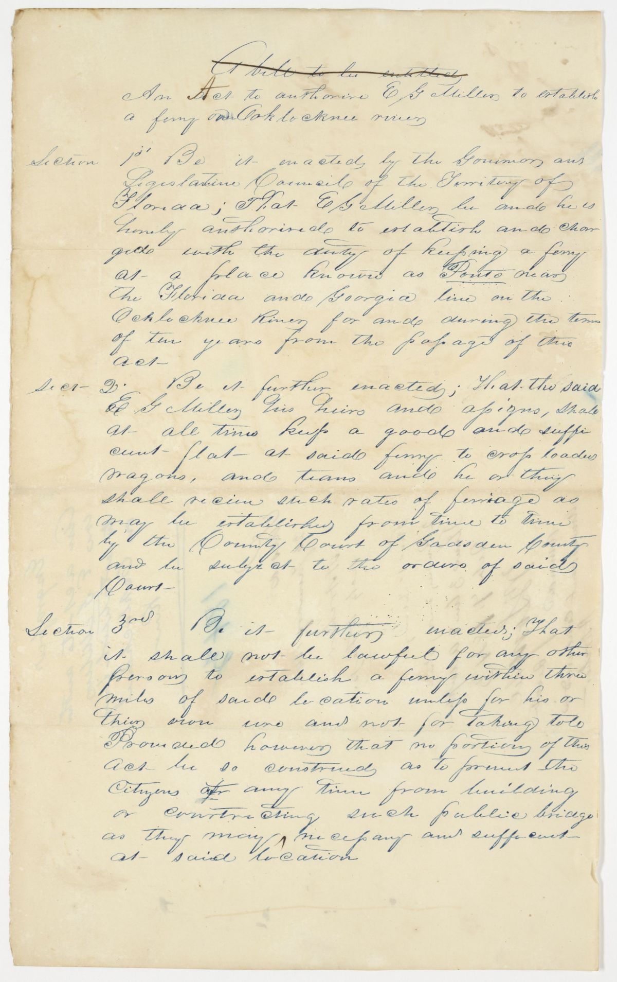 Draft of an Act to Authorize E. G. Miller to Establish a Ferry on the Ochlockonee River, 1843