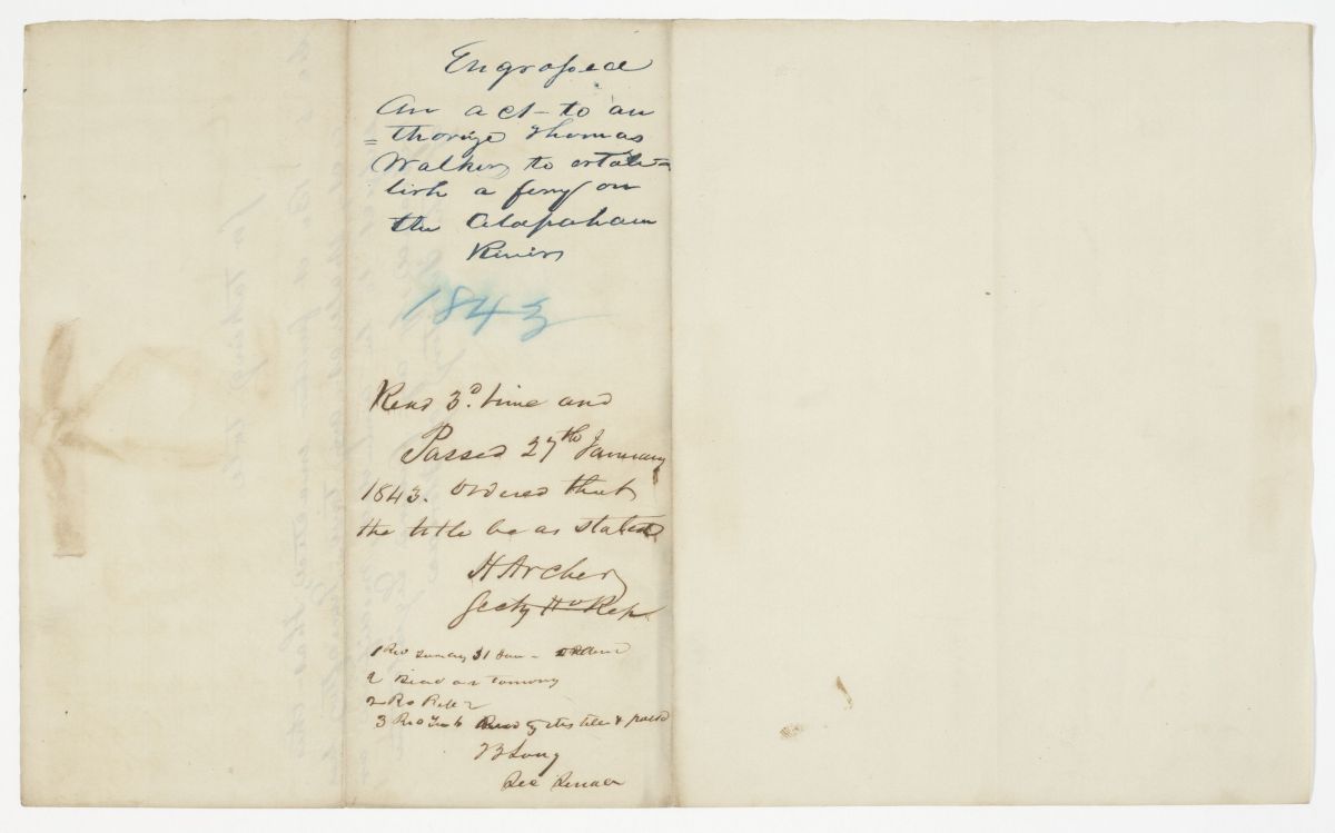 Draft of an Act to Authorize Thomas Walker to Establish a Ferry on the Alapaha River, 1843