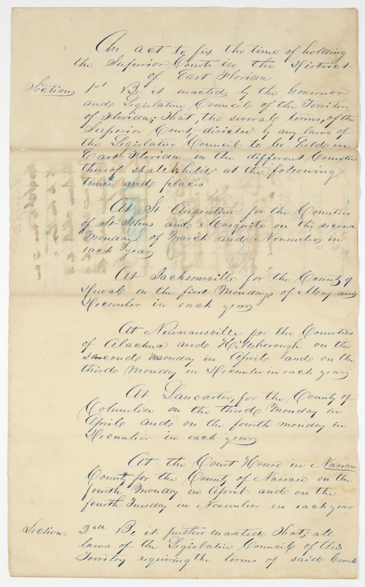 Draft of an Act to Fix the Time of Holding the Superior Court in the District of East Florida, 1843