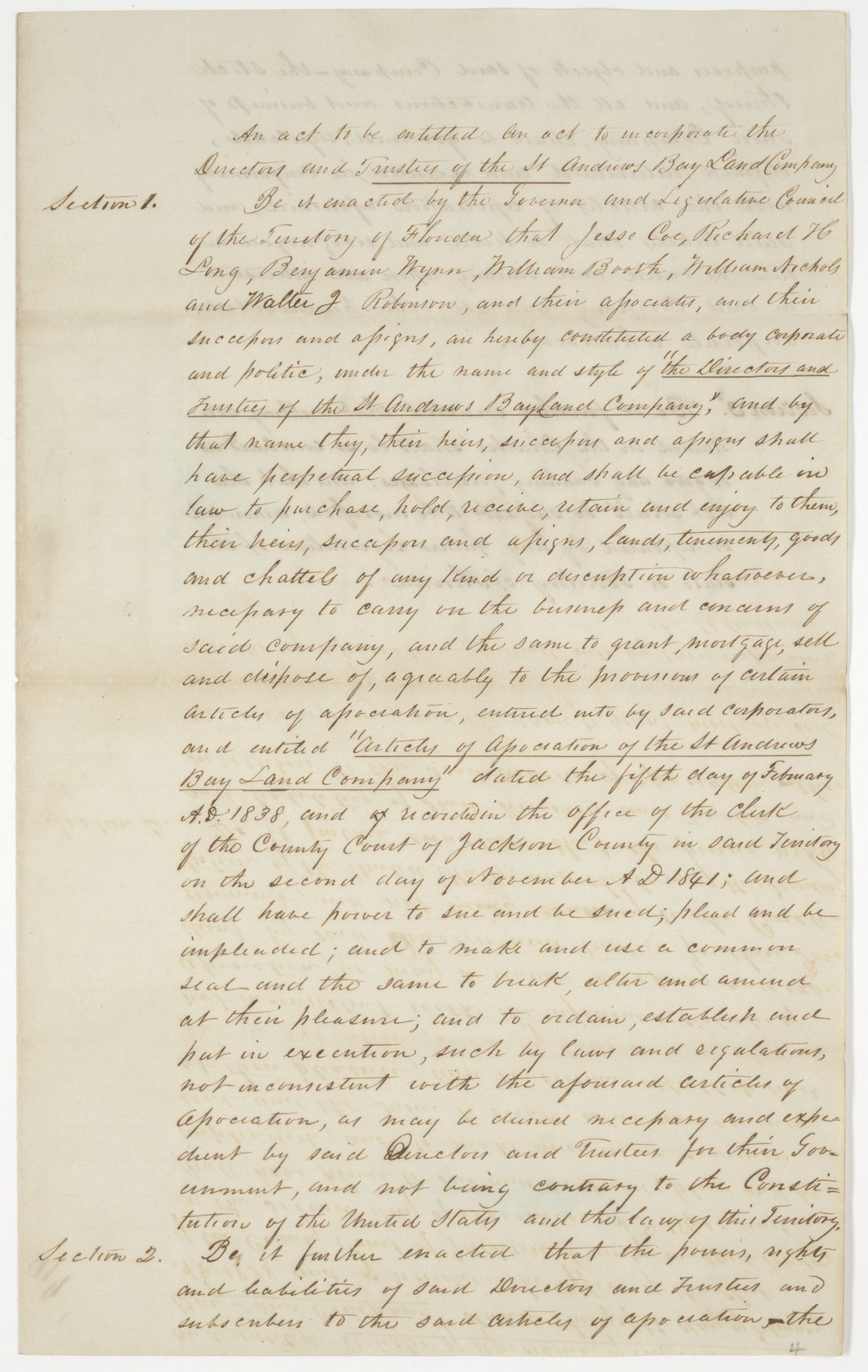 Draft of an Act to Incorporate the Directors and Trustees of the Saint Andrews Bay Land Company, 1843