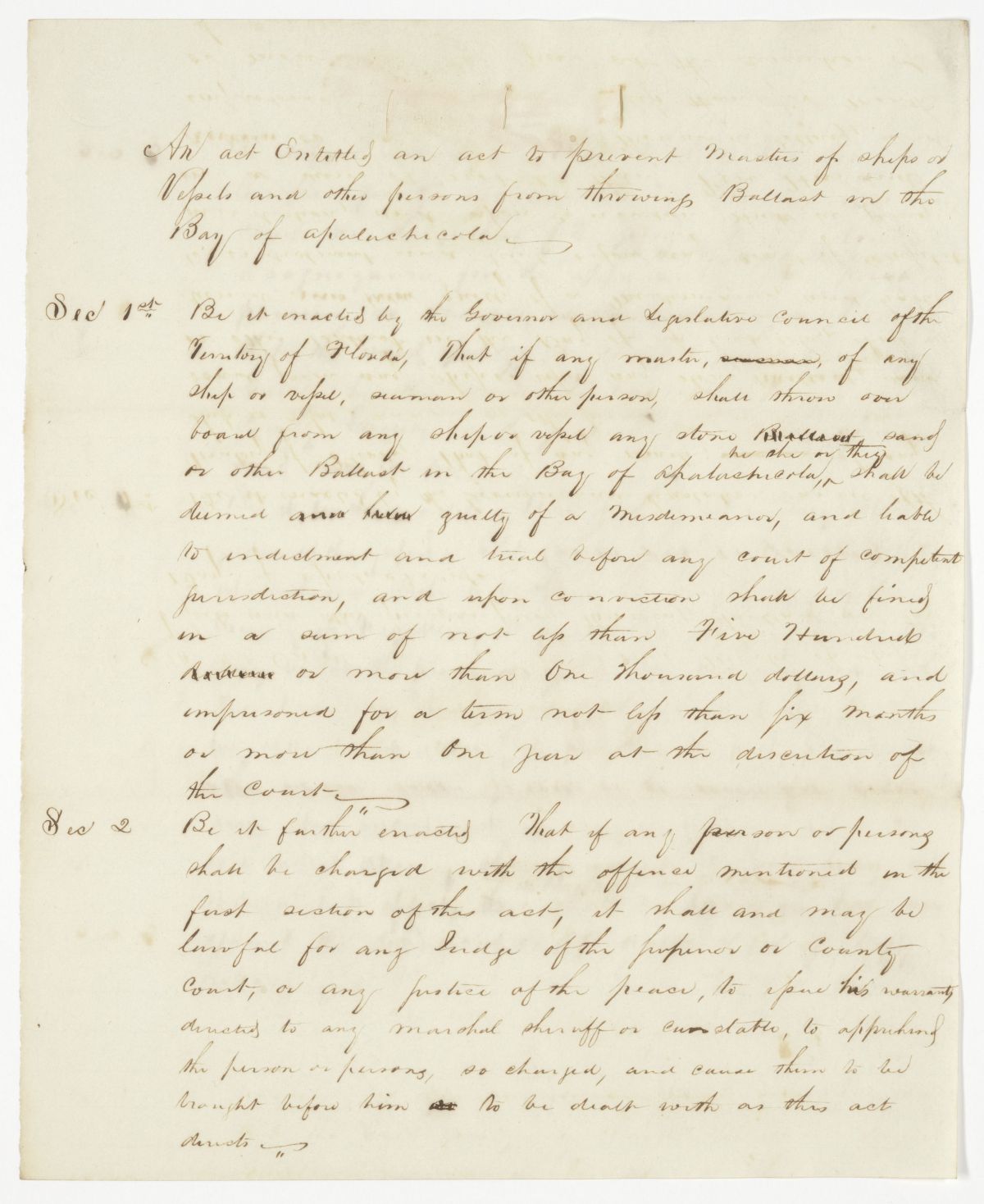 Draft of an Act to Prevent Masters of Ships or Vessels and Other Persons from Throwing Ballast in the Bay of Apalachicola, 1843