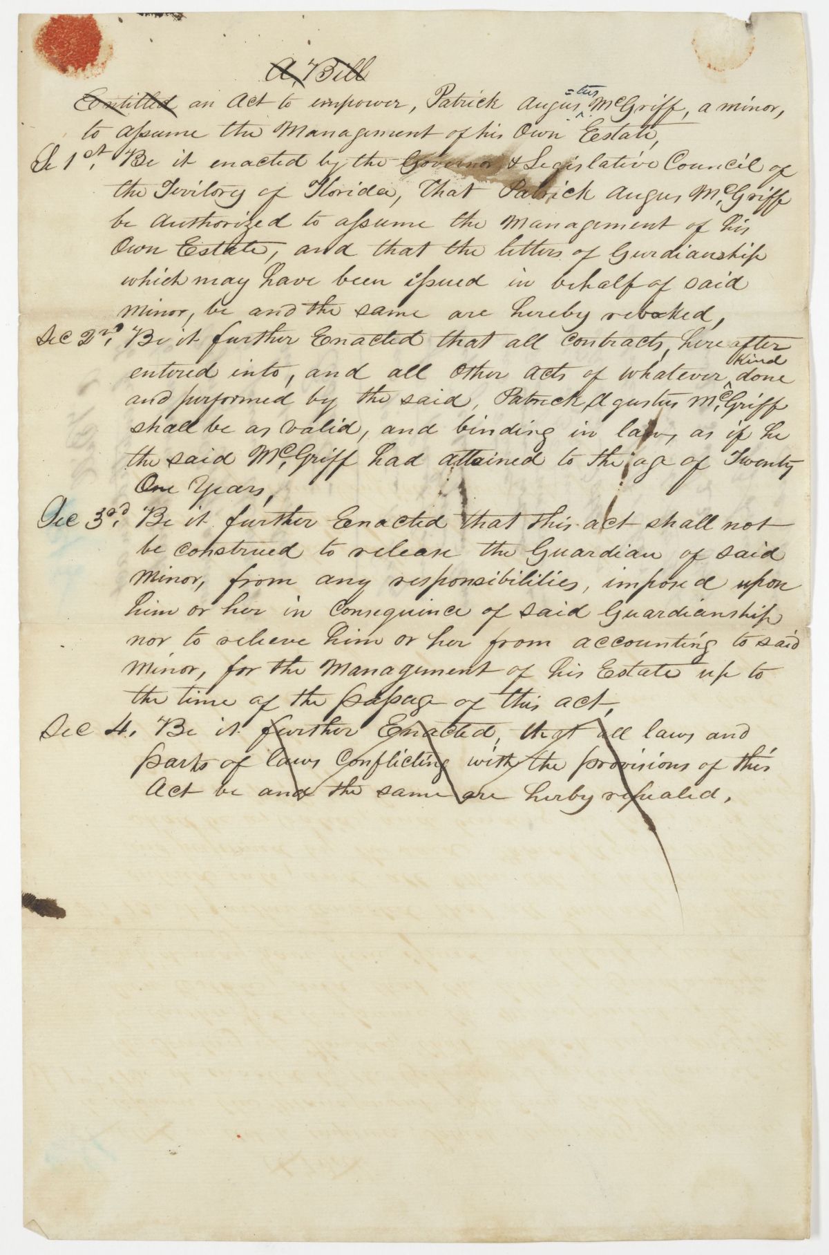 Draft of an Act to Empower Patrick Augustus McGriff to Assume the Management of His Own Estate, 1843