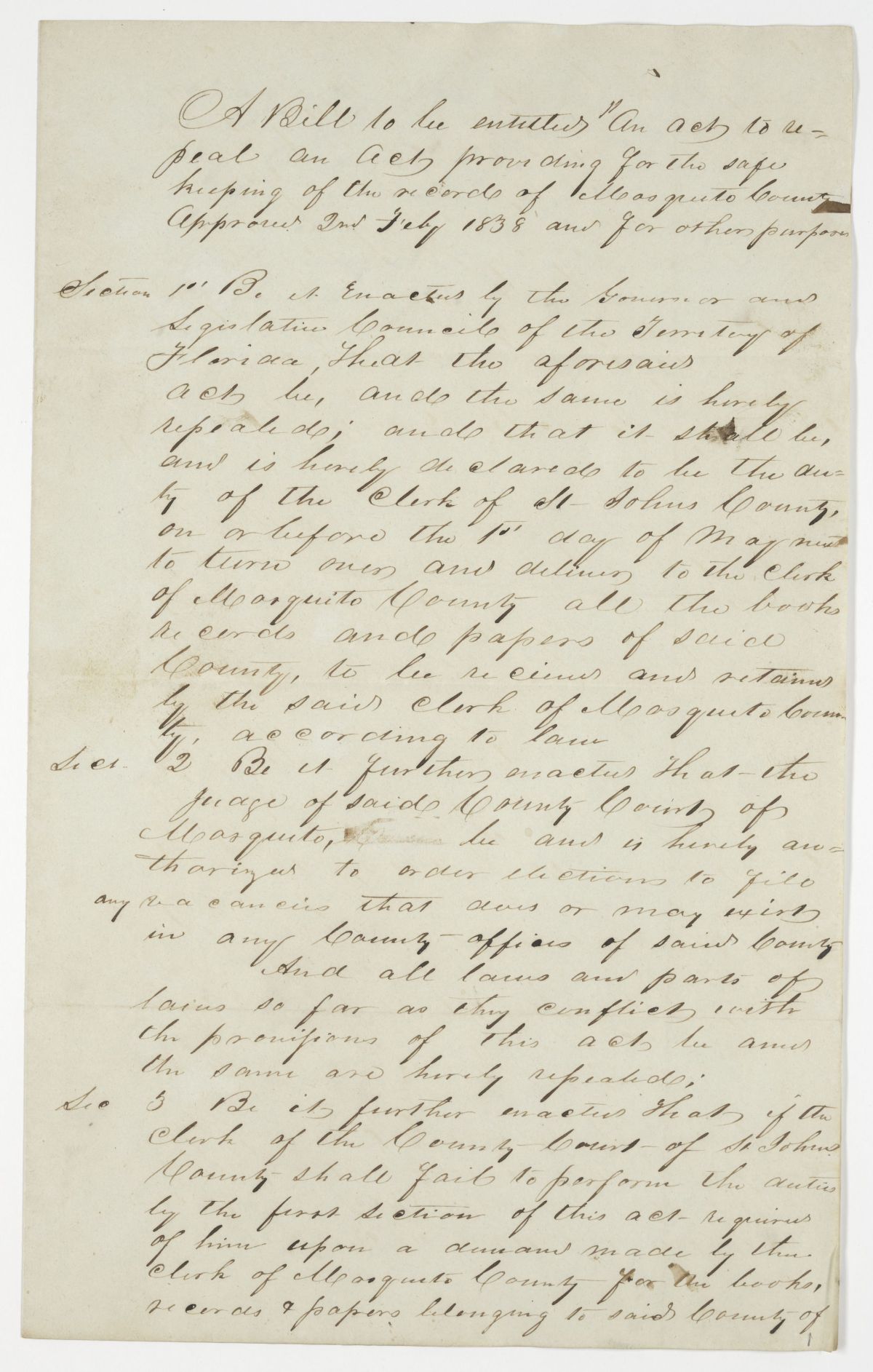 Draft of an Act to Repeal an Act Providing for the Safe Keeping of the Records of Mosquito County, 1843