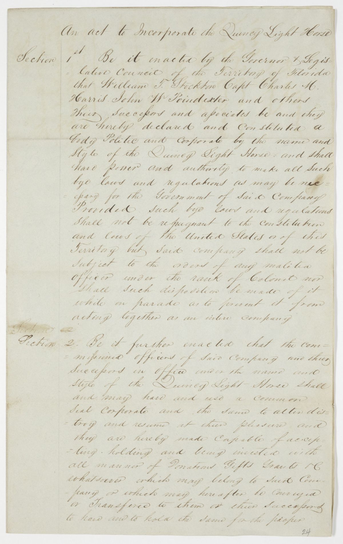 Draft of an Act to Incorporate the Quincy Light Horse, 1843