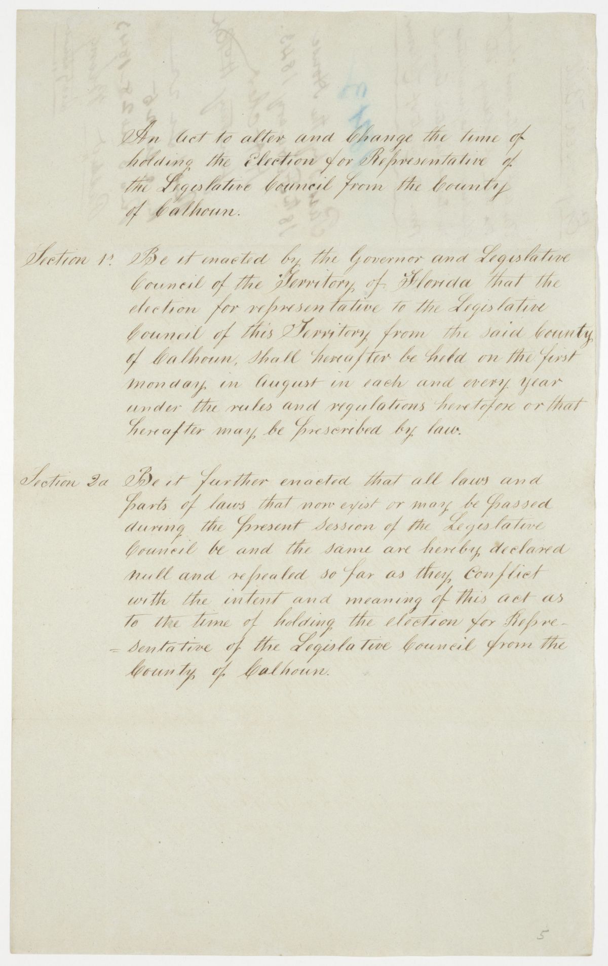 Draft of an Act to Change the Time of Holding the Election for Representative to the Territorial Legislative Council from the County of Calhoun, 1843