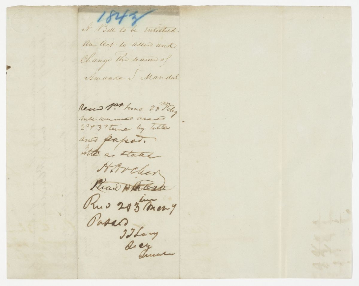 Draft of an Act to Alter and Change the Name of Amanda S. Mandal of Jackson County, 1843