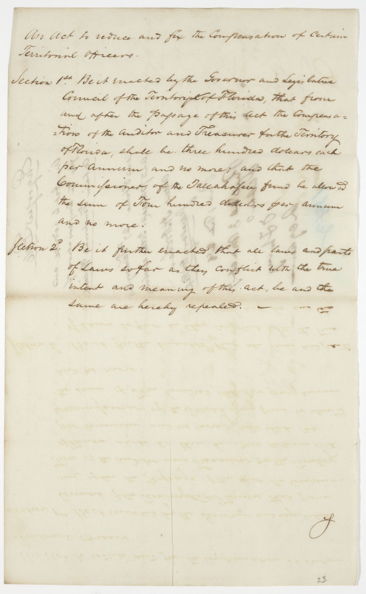 Draft of an Act to Reduce and Fix the Compensation of Certain Territorial Officers, 1843