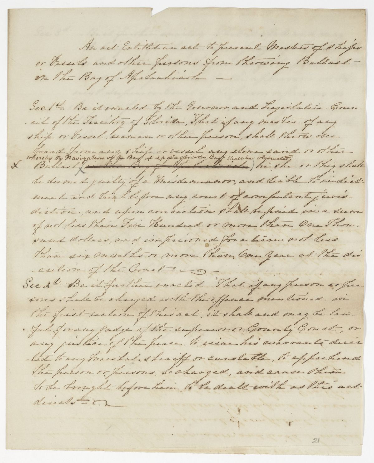 Draft of an Act to Prevent Masters of Ships or Vessels and Other Persons from Throwing Ballast in the Bay of Apalachicola, 1843