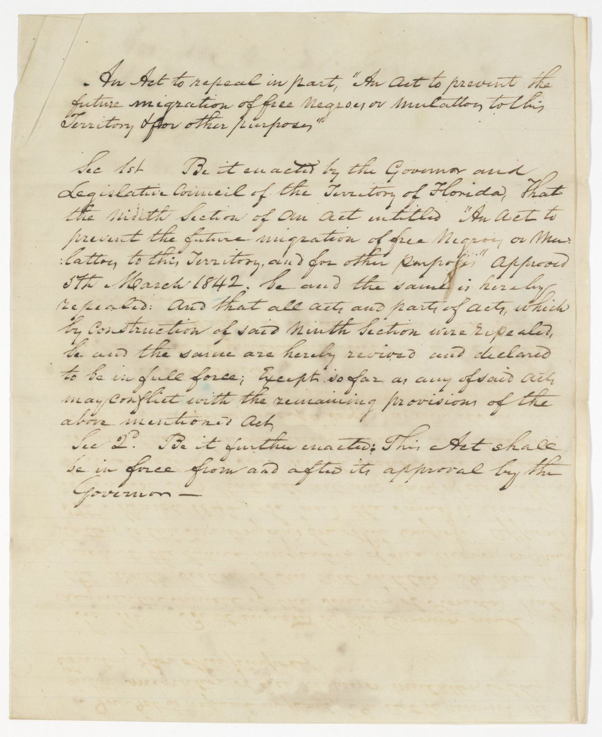 Draft of an Act to Repeal Part of an Act to Prevent the Future Migration of Free Persons of Color to this Territory, 1843