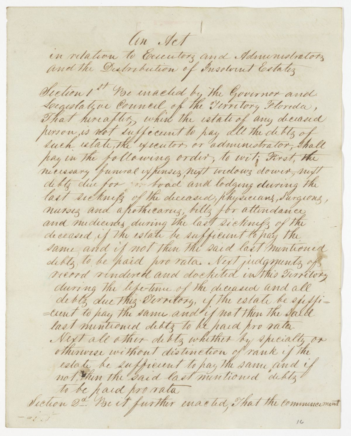 Draft of an Act in Relation to Executors and Administrators and the Administration of Insolvent Estates, 1843