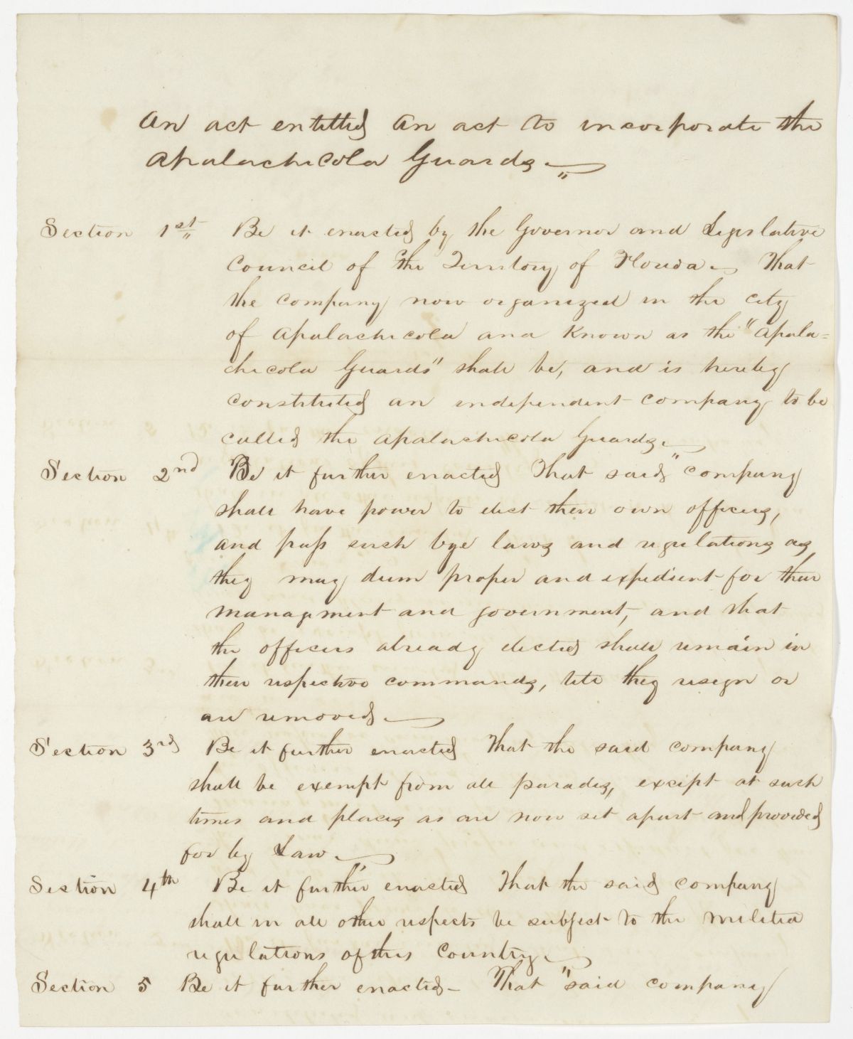 Draft of an Act to Incorporate the Apalachicola Guards, 1843