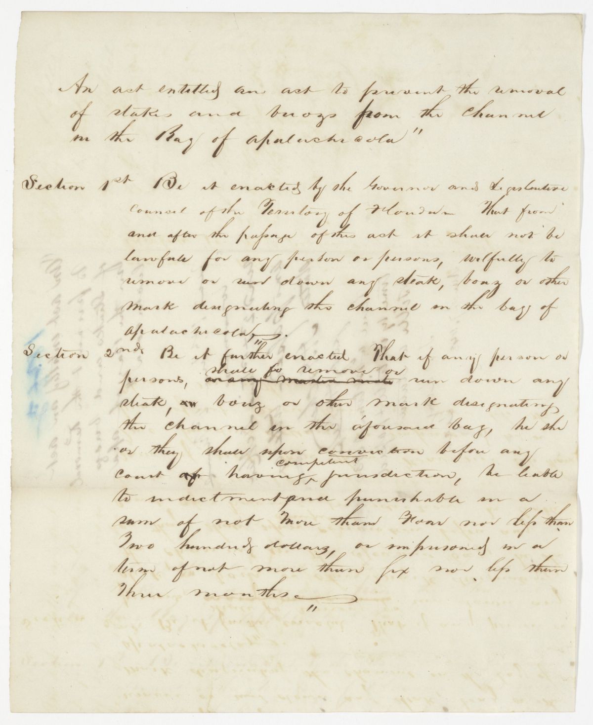 Draft of an Act to Prevent the Removal of Stakes and Buoys from the Channel in the Bay of Apalachicola, 1843