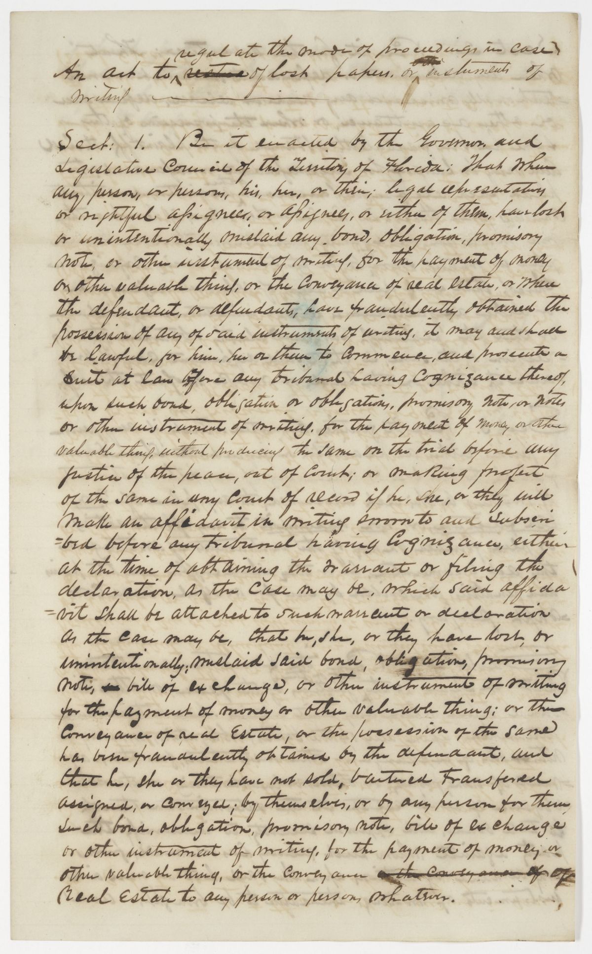 Draft of an Act Regulating the Mode of Proceeding in Cases of Lost Papers or Instruments of Writing, 1843