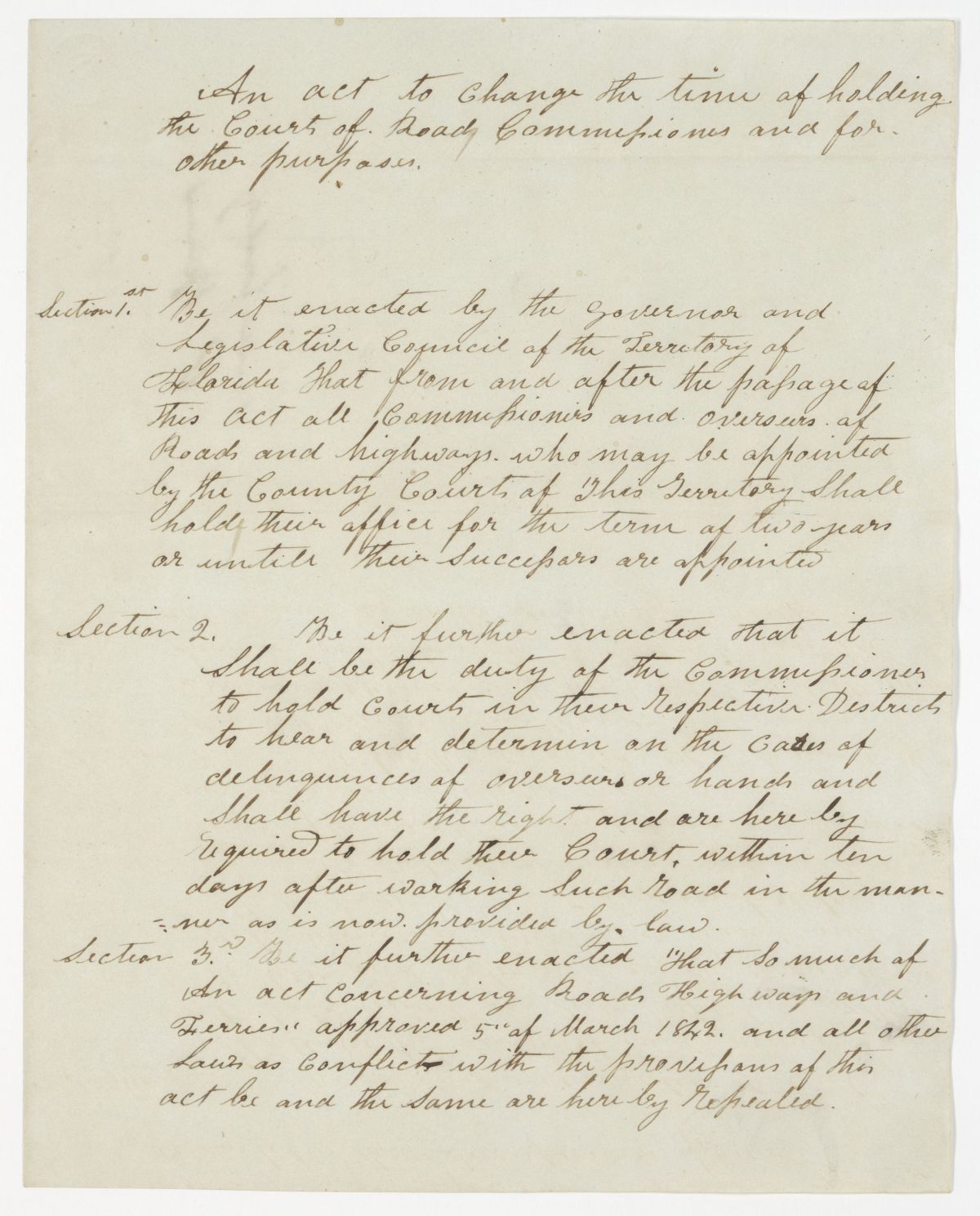 Draft of an Act to Change the Time of Holding the Courts of Road Commissioners and for Other Purposes, 1843