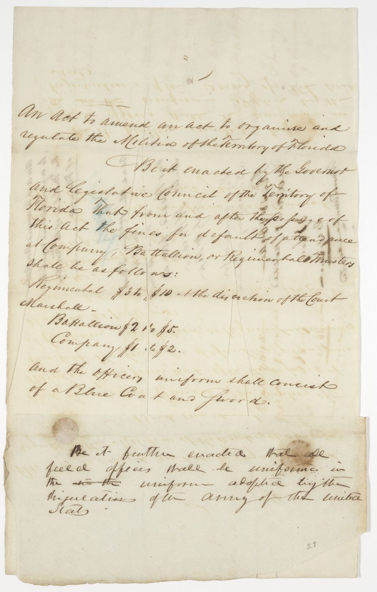 Draft of an Act to Amend an Act to Organize and Regulate the Militia of Florida, 1843