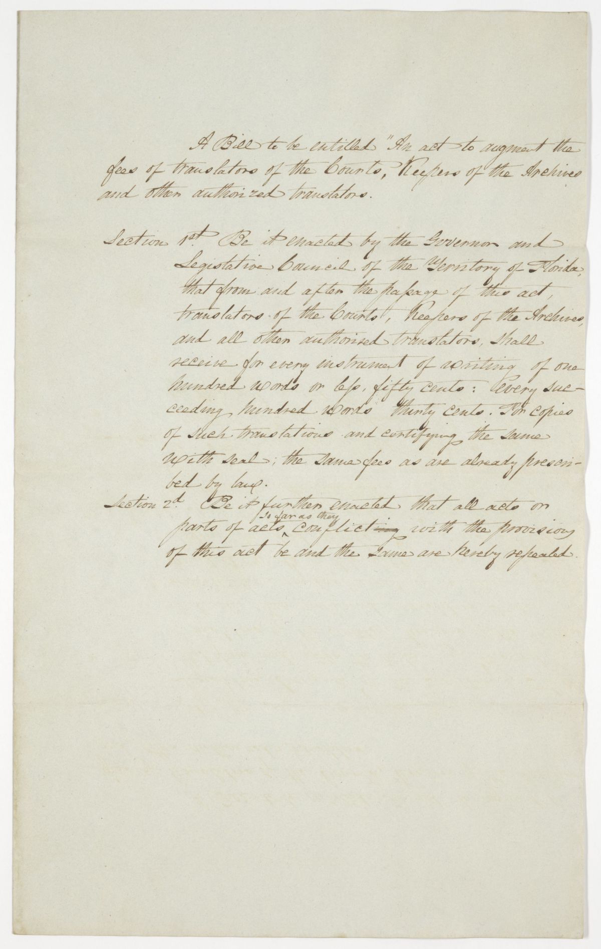 Draft of an Act to Augment the Fees of Translators of the Courts, Keepers of the Archives and Other Authorized Translators, 1843