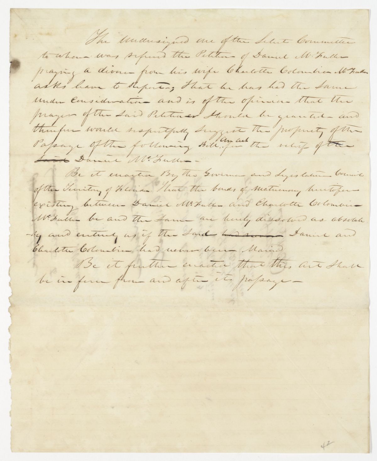 Report of the Committee to Whom Was Referred the Divorce Petition of Daniel W. Fuller, circa 1843