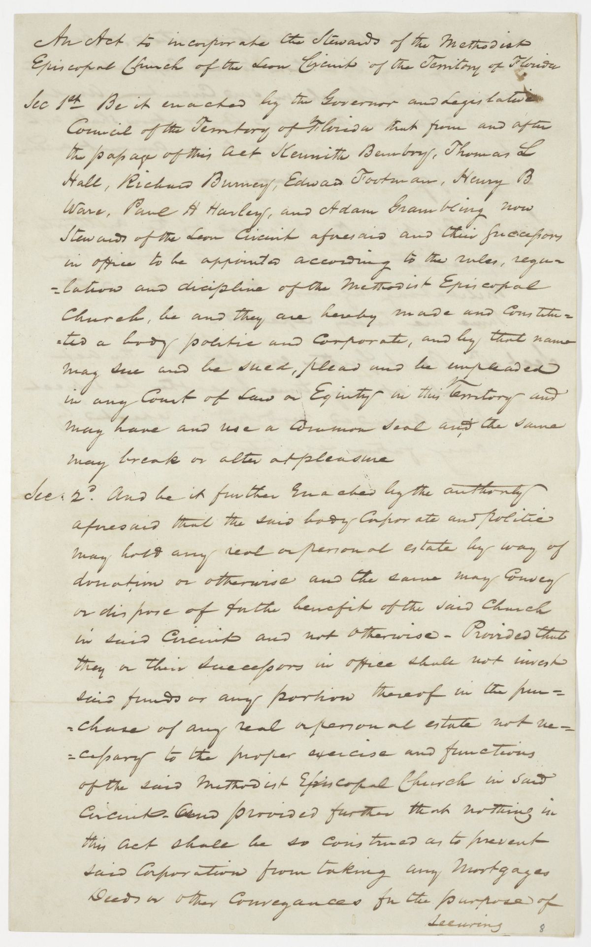 Draft of an Act to Incorporate the Stewards of the Methodist Episcopal Church of the Leon Circuit of the Territory of Florida, 1843