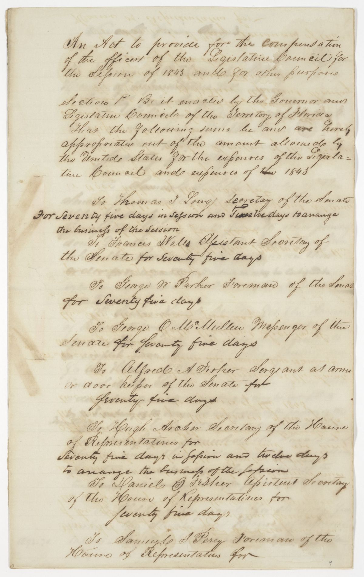 Draft of an Act to Provide for the Compensation of the Officers of the Territorial Legislative Council, 1843