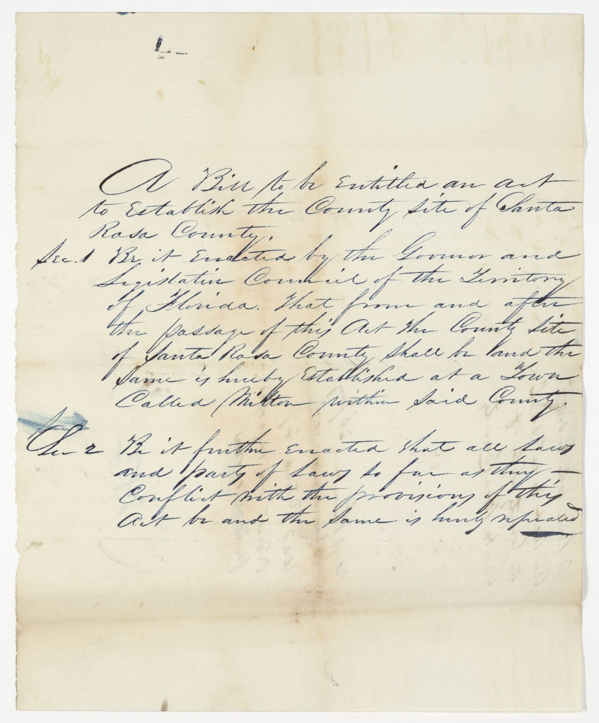 Draft of an Act to Establish the County Seat of Santa Rosa County, 1843