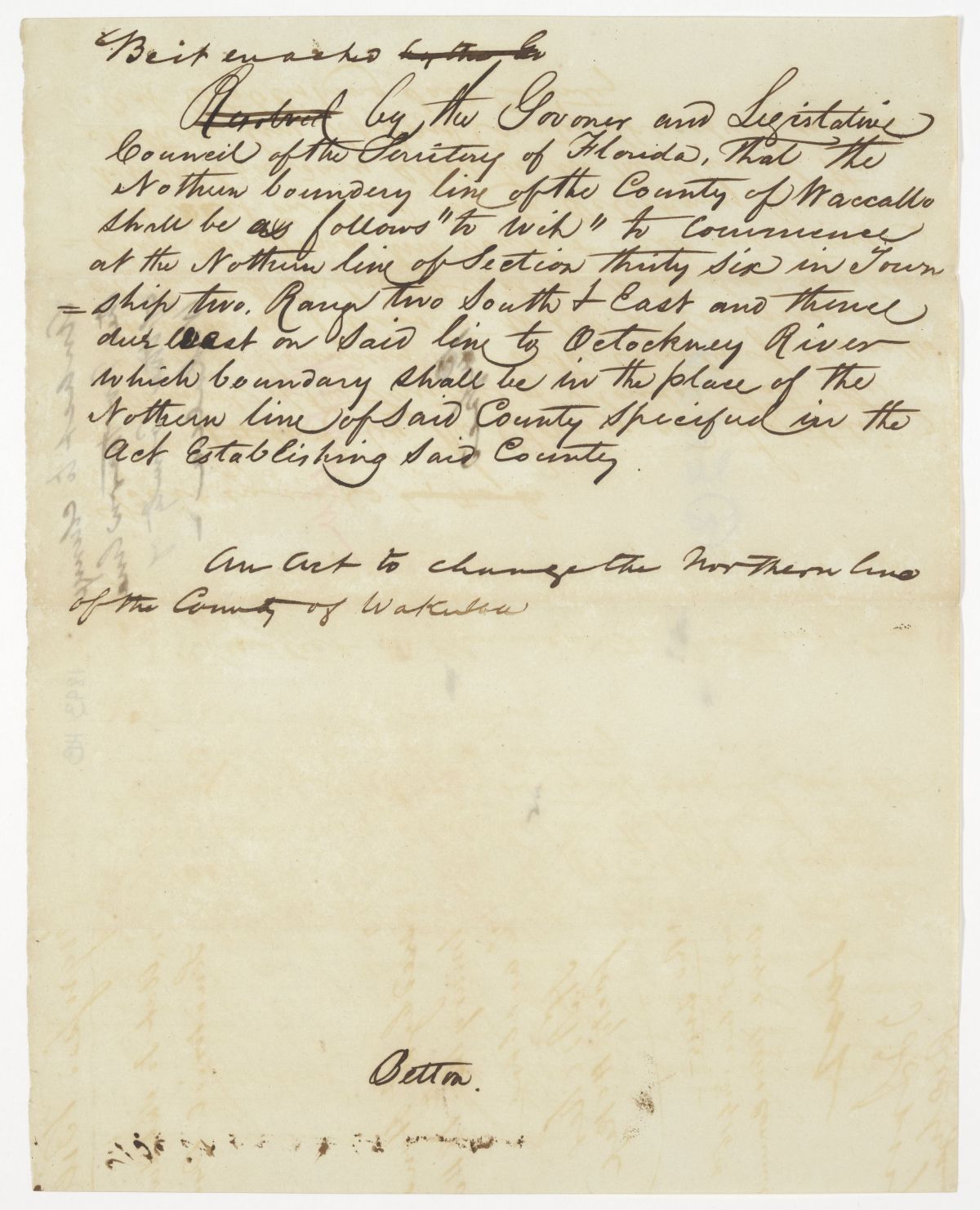 Draft of an Act to Change the Northern Line of the County of Wakulla, 1843