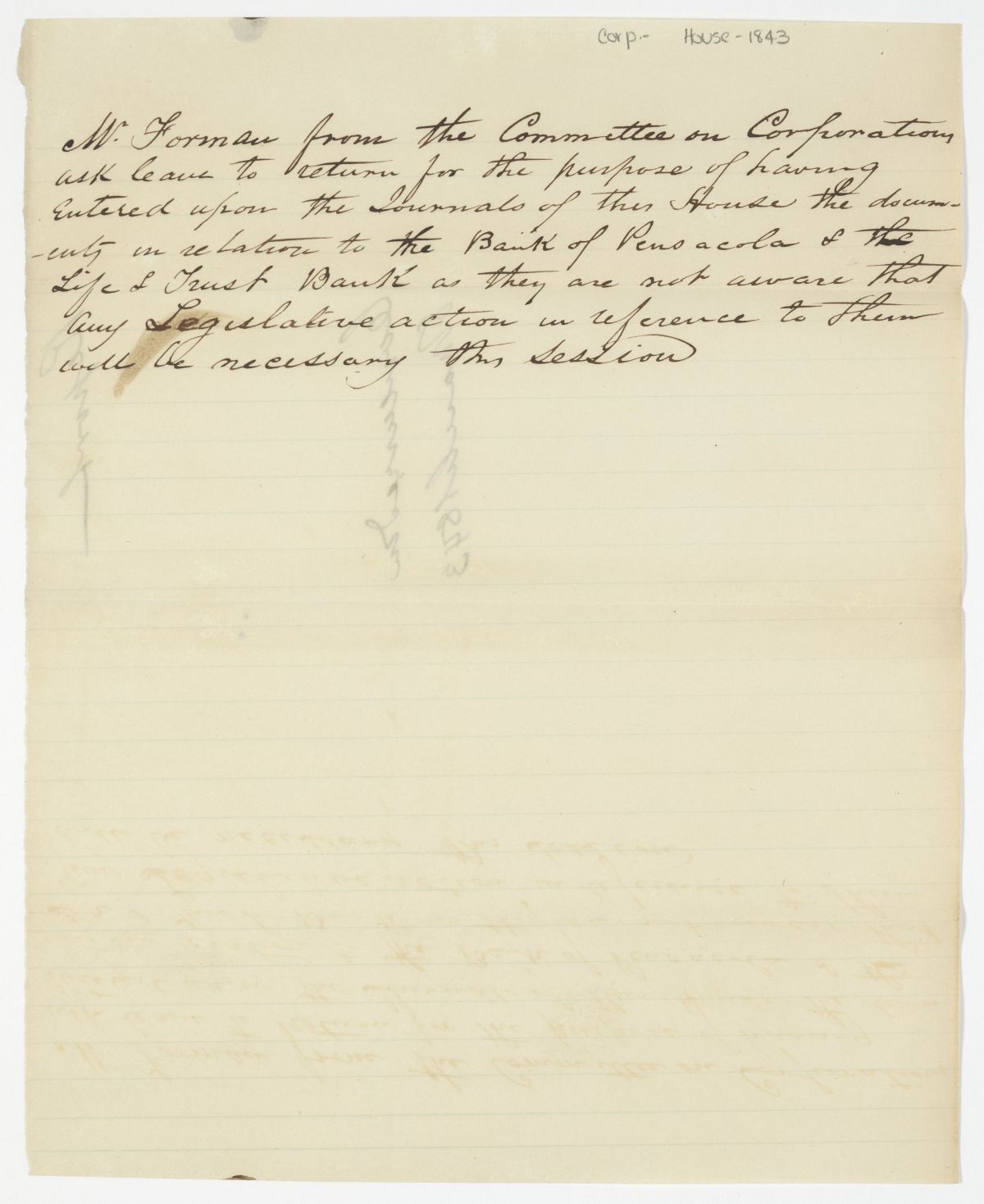 Motion to Enter Upon the Journal Documents in Relation to the Bank of Pensacola, 1843