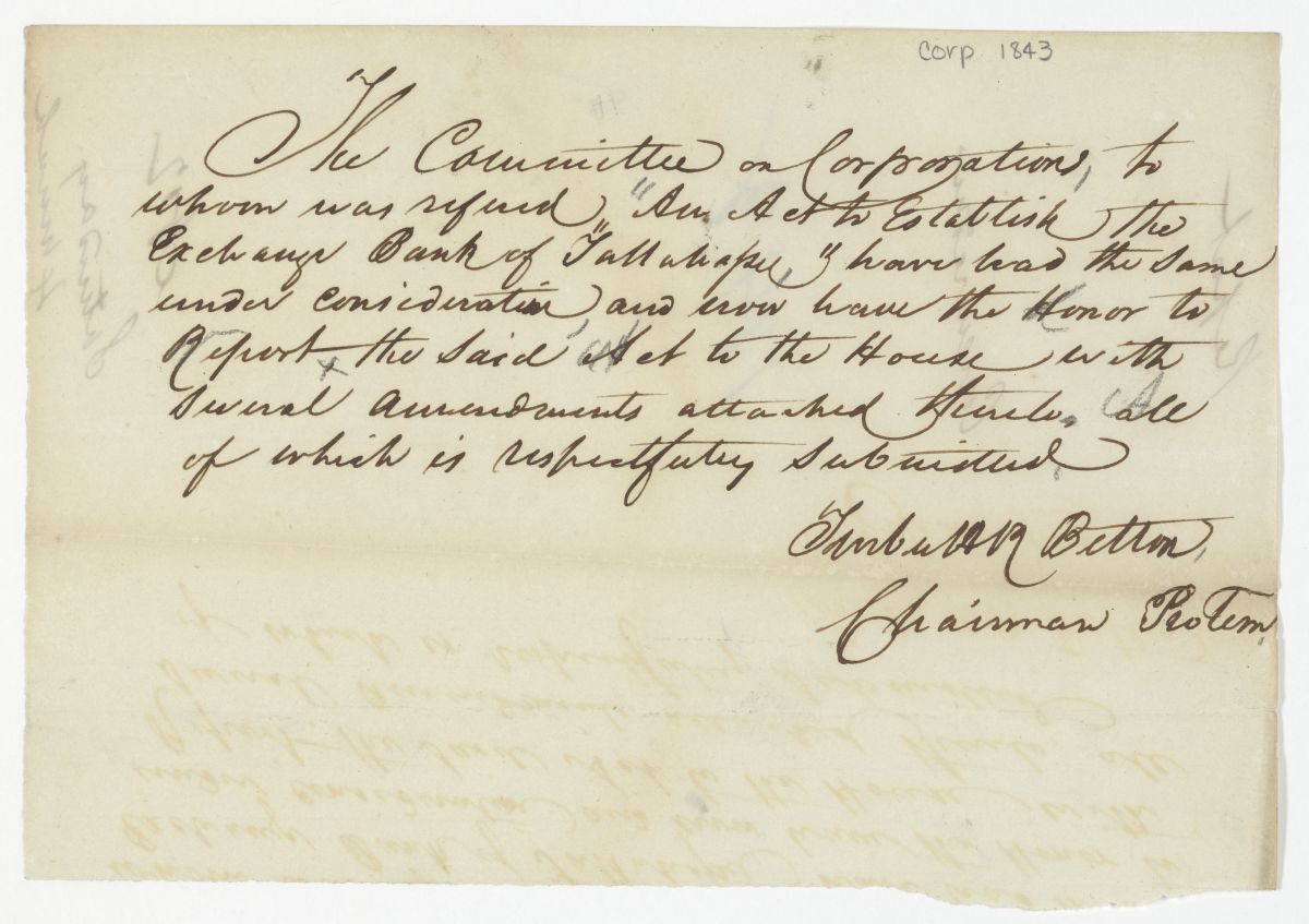 Report of the Committee on Corporations to Whom Was Referred an Act to Establish the Exchange Bank of Tallahassee, circa 1843