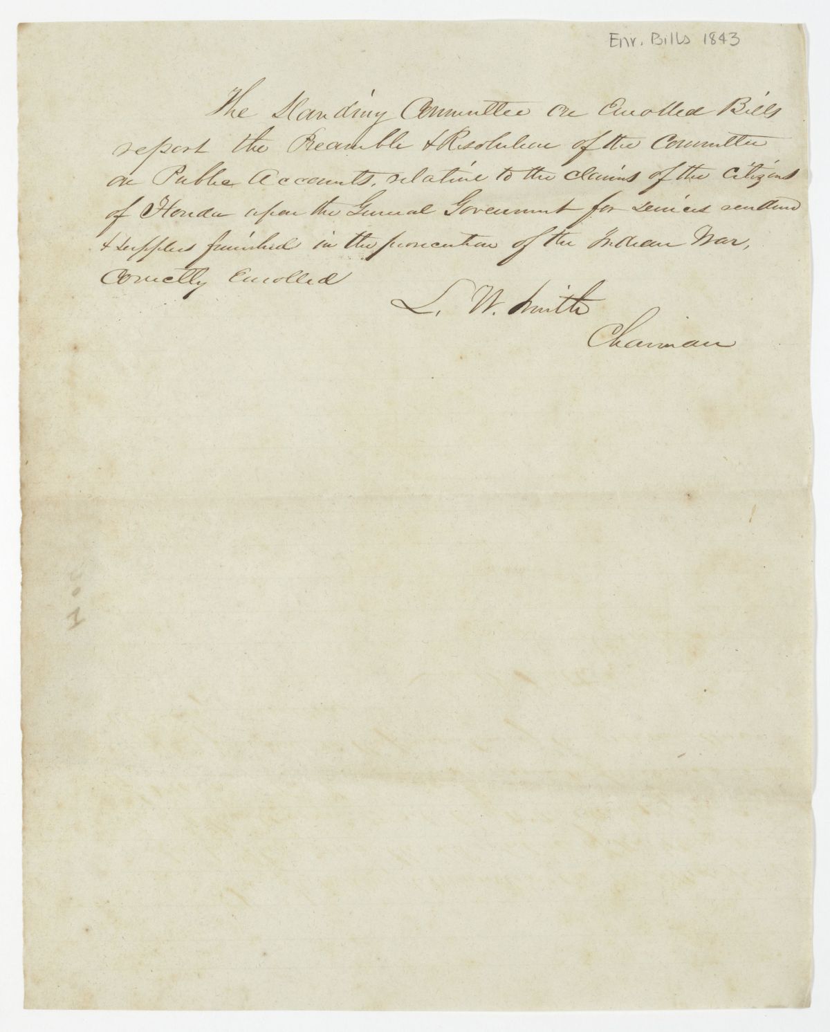 Report of the Committee on Enrolled Bills Concerning a Resolution About Indian War Claims, circa 1843