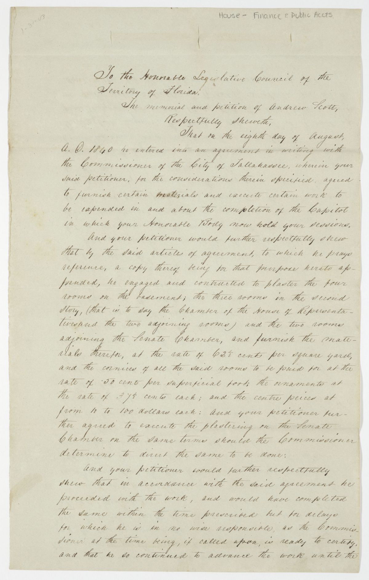 Petition of Andrew Scott Requesting Compensation for Work Done on the Capitol, circa 1843