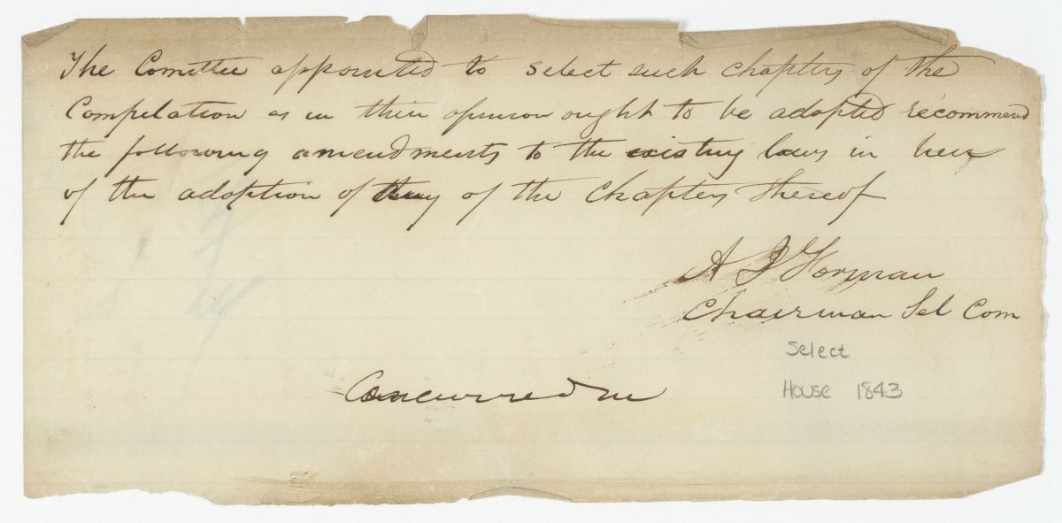 Report of the Committee Appointed to Select Chapters of the Compilation of Laws, circa 1843