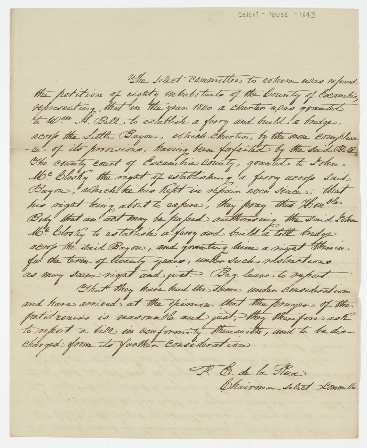 Report of the Select Committee to Whom Was Referred the Petition of Citizens of Escambia County, circa 1843