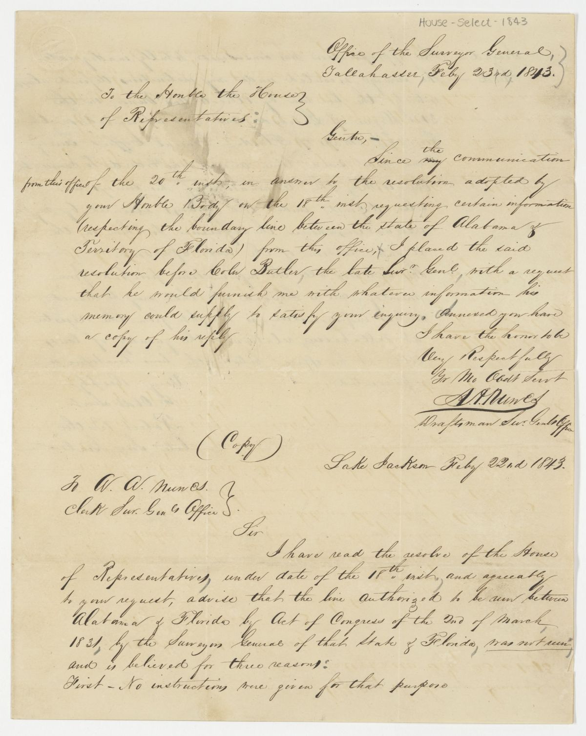 Letters Concerning the Boundary Line Between Florida and Alabama, 1843