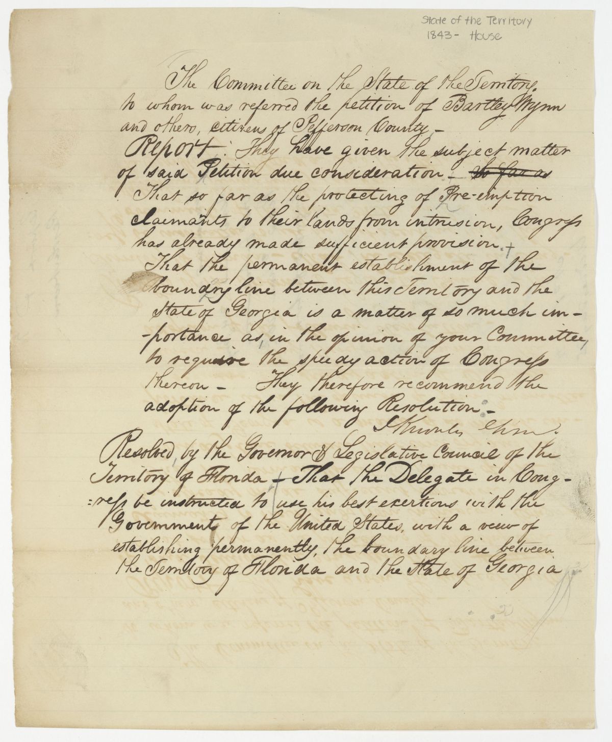 Report of the Committee on the State of the Territory to Whom Was Referred the Petition of Bartley Wynn, circa 1843