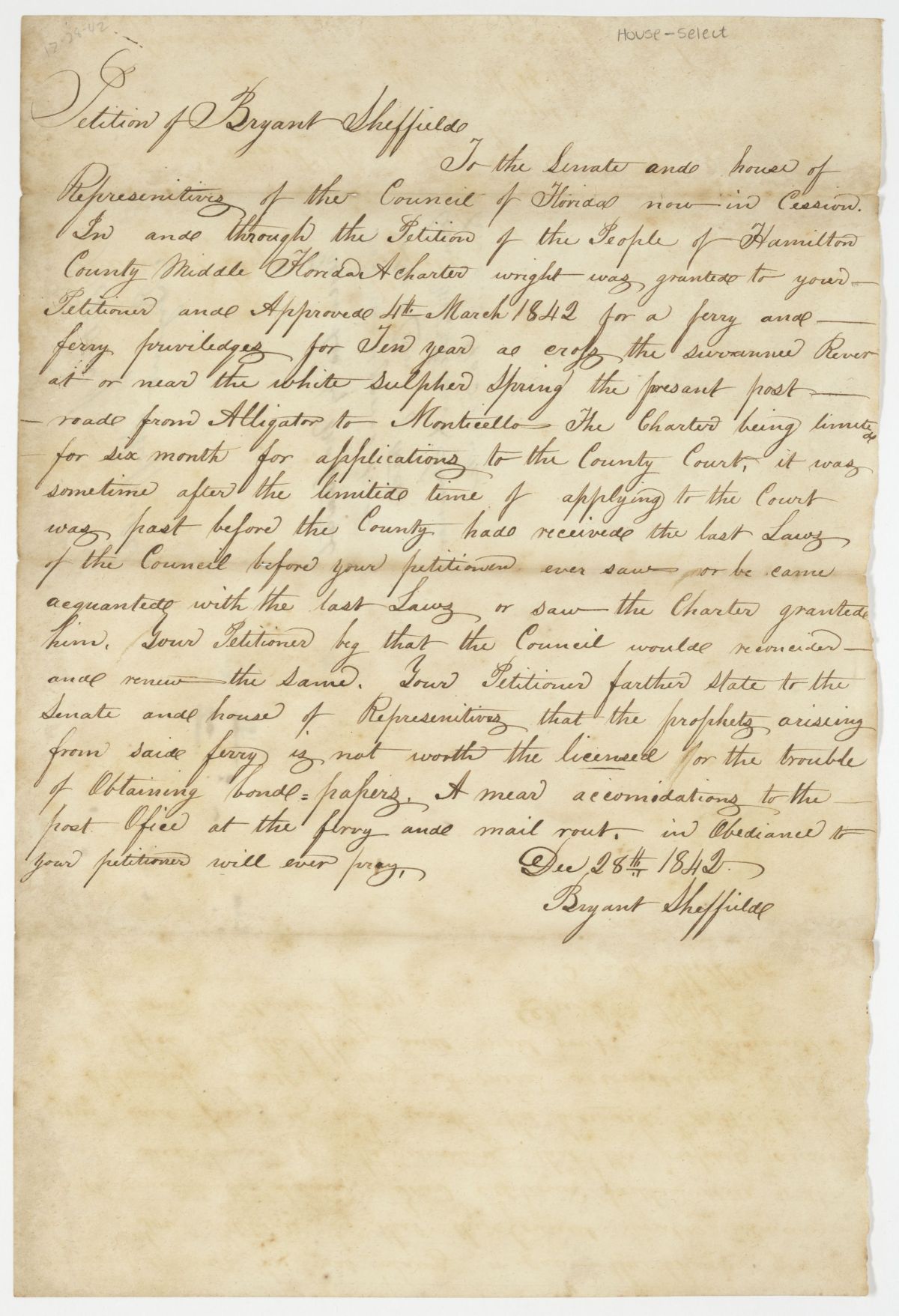 Petition of Bryant Sheffield Requesting the Renewal of a Charter for a Ferry, 1842