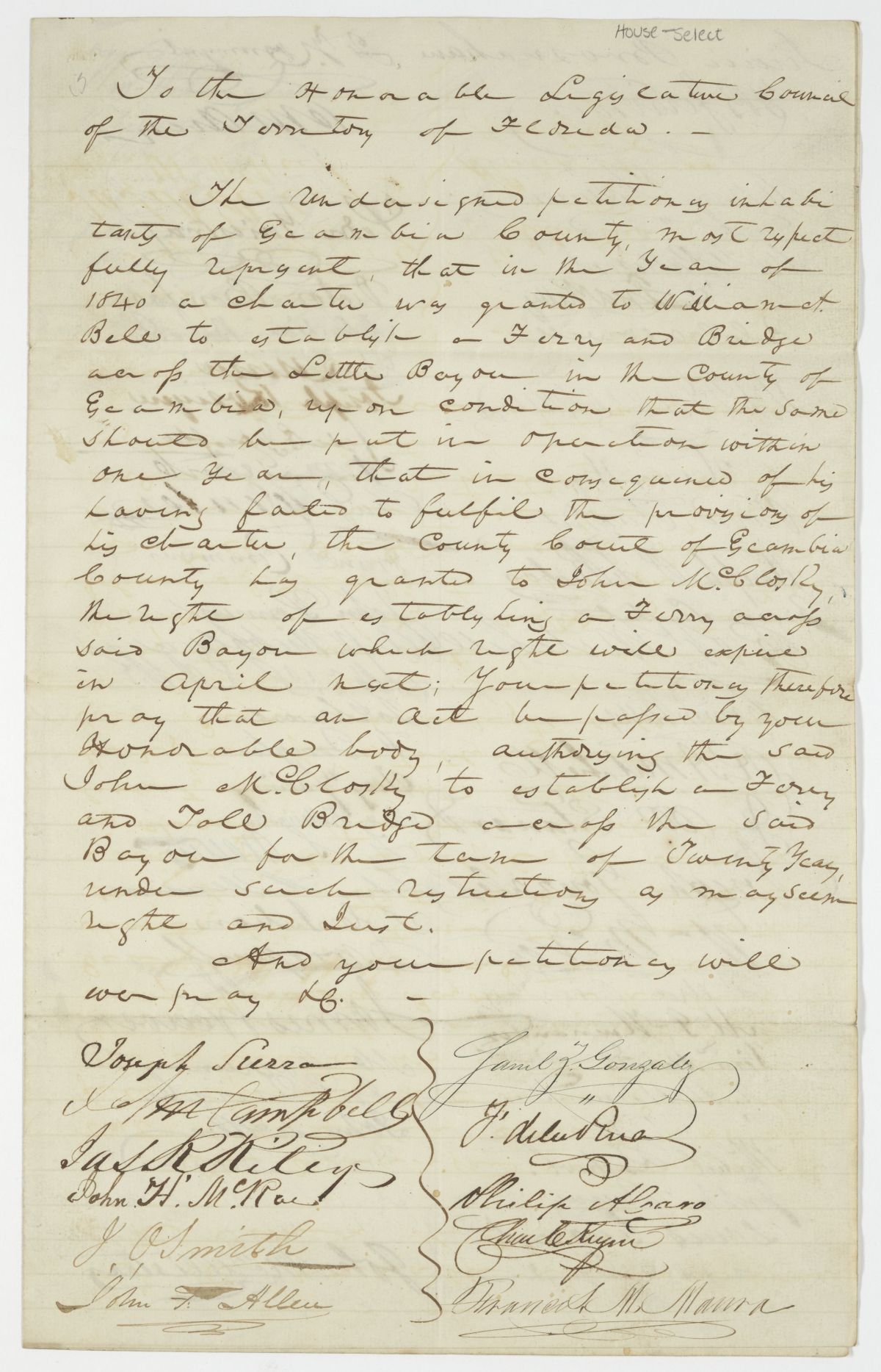 Petition of Citizens of Escambia County Requesting that John McClosky Be Allowed to Establish a Ferry and Toll Bridge, circa 1843