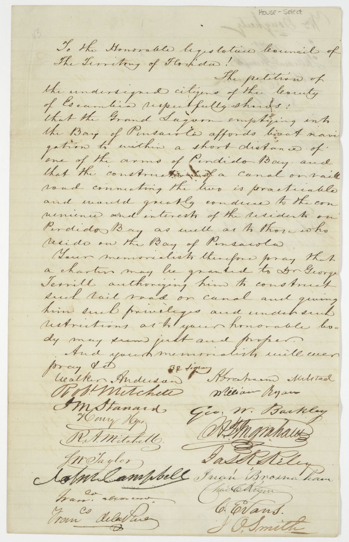 Petition of Citizens of Escambia County Requesting that George Terrill Be Allowed to Build a Railroad or a Canal, circa 1843