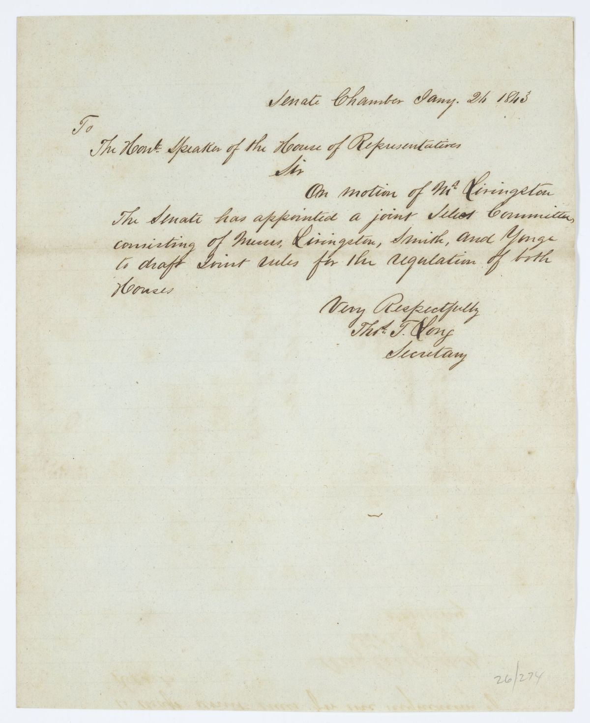 Message from the Senate to the House of Representatives Concerning a Joint Select Committee to Draft Rules, 1843