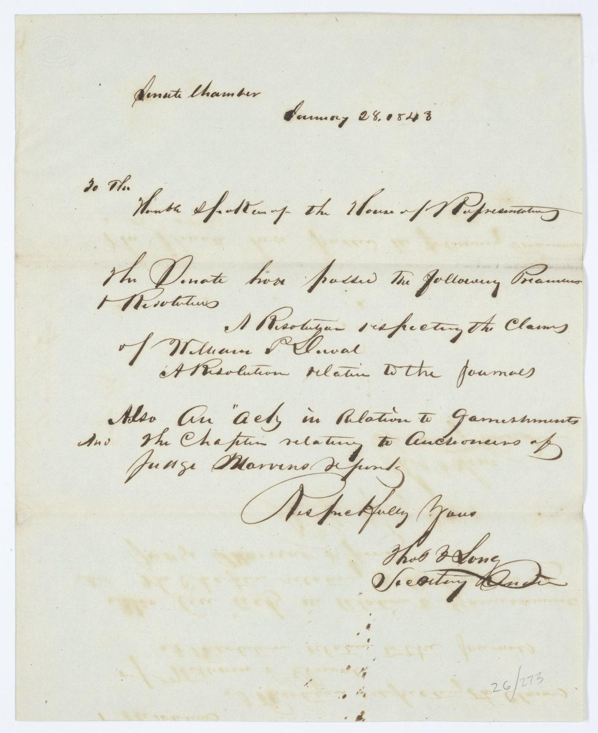 Message from the Senate to the House of Representatives Regarding Approved Resolutions and Legislation, 1843