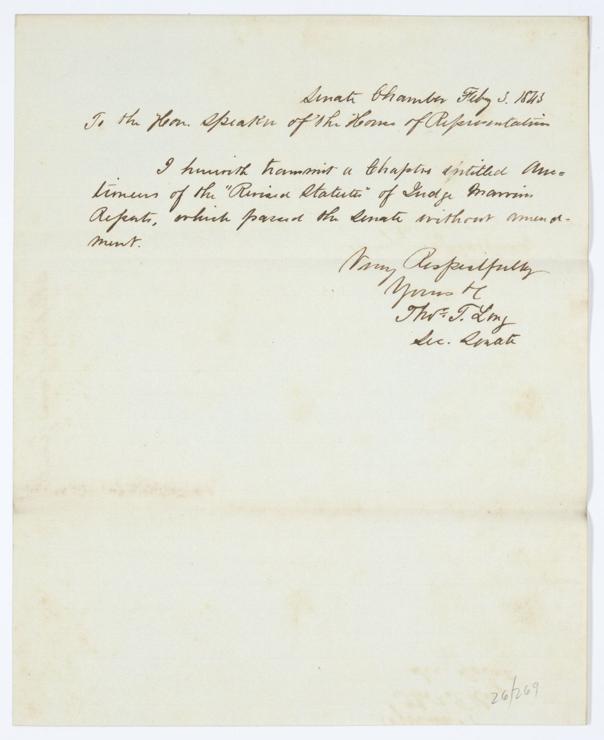 Message from the Senate to the House of Representatives Regarding a Chapter of the Revised Statutes, 1843