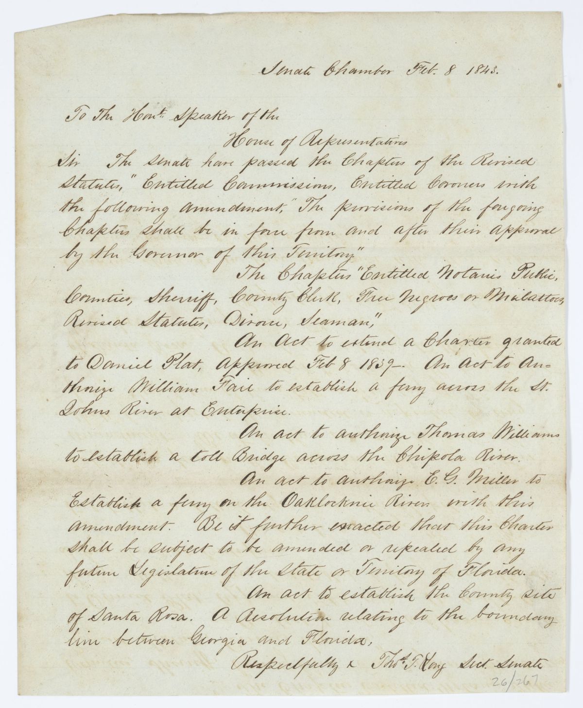 Message from the Senate to the House of Representatives Regarding Approved Legislation and Revised Statutes, 1843