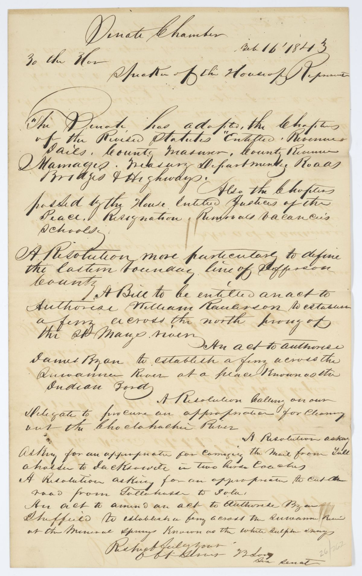 Message from the Senate to the House of Representatives Concerning Legislation, Resolutions and the Revised Statutes, 1843