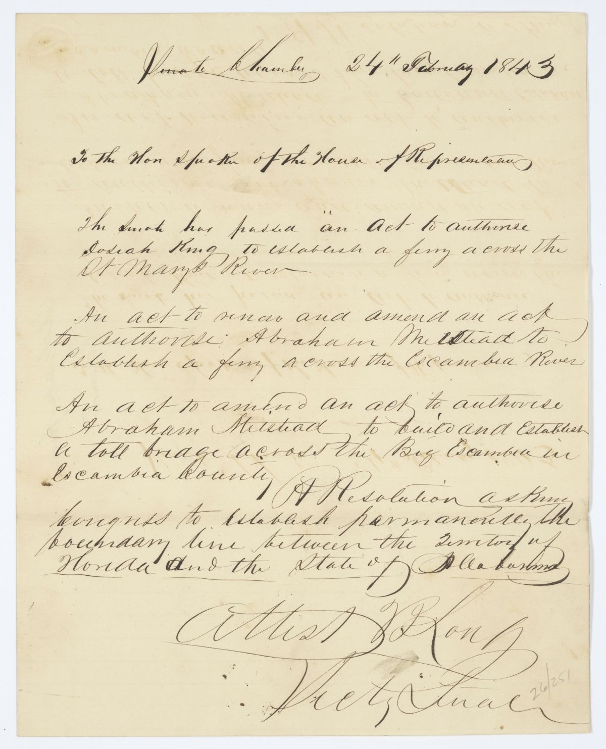 Message from the Senate to the House of Representatives Concerning Legislation and a Resolution, 1843