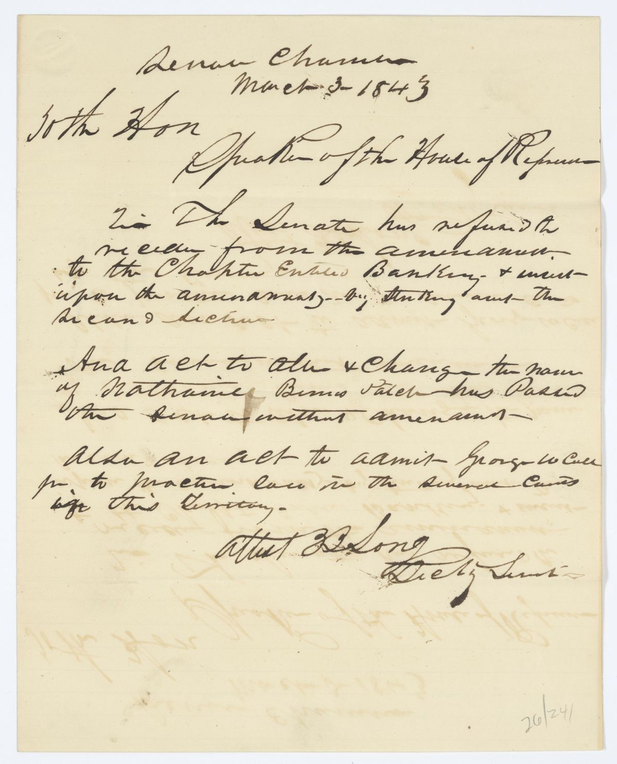 Message from the Senate to the House of Representatives Concerning Legislation and the Revised Statutes, 1843