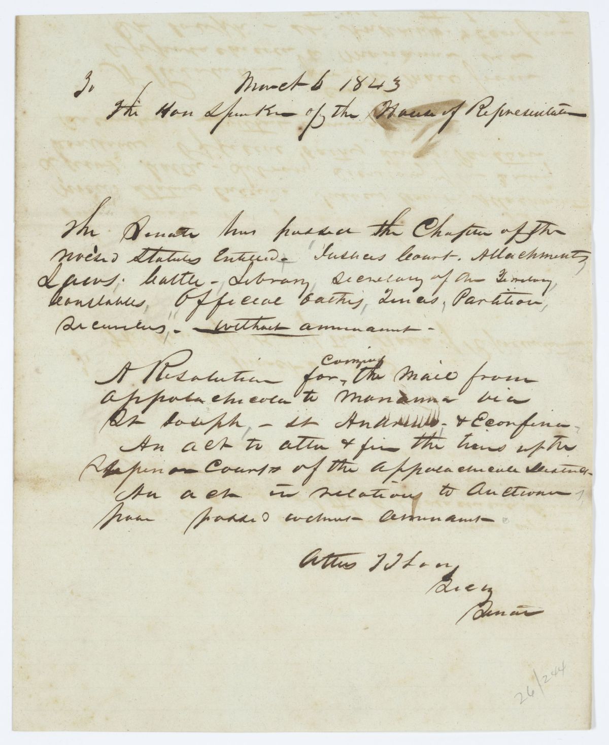 Message from the Senate to the House of Representatives Concerning Legislation, Resolutions and the Revised Statutes, 1843